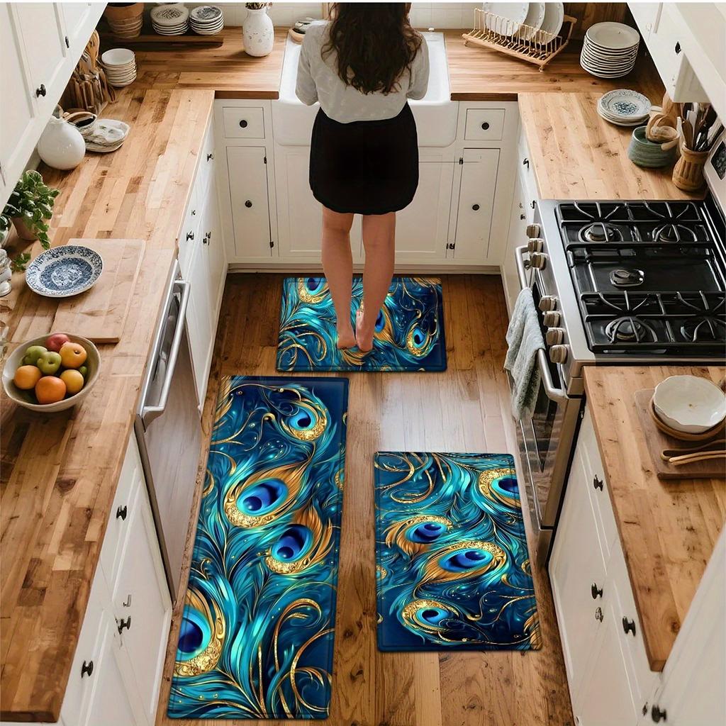 1Pcs Anti Fatigue Kitchen Rugs PeaRooster feathers Print Waterproof Non-Slip Thick Cushioned Kitchen Mat Heavy Duty Comfort Standing Mat for Kitchen