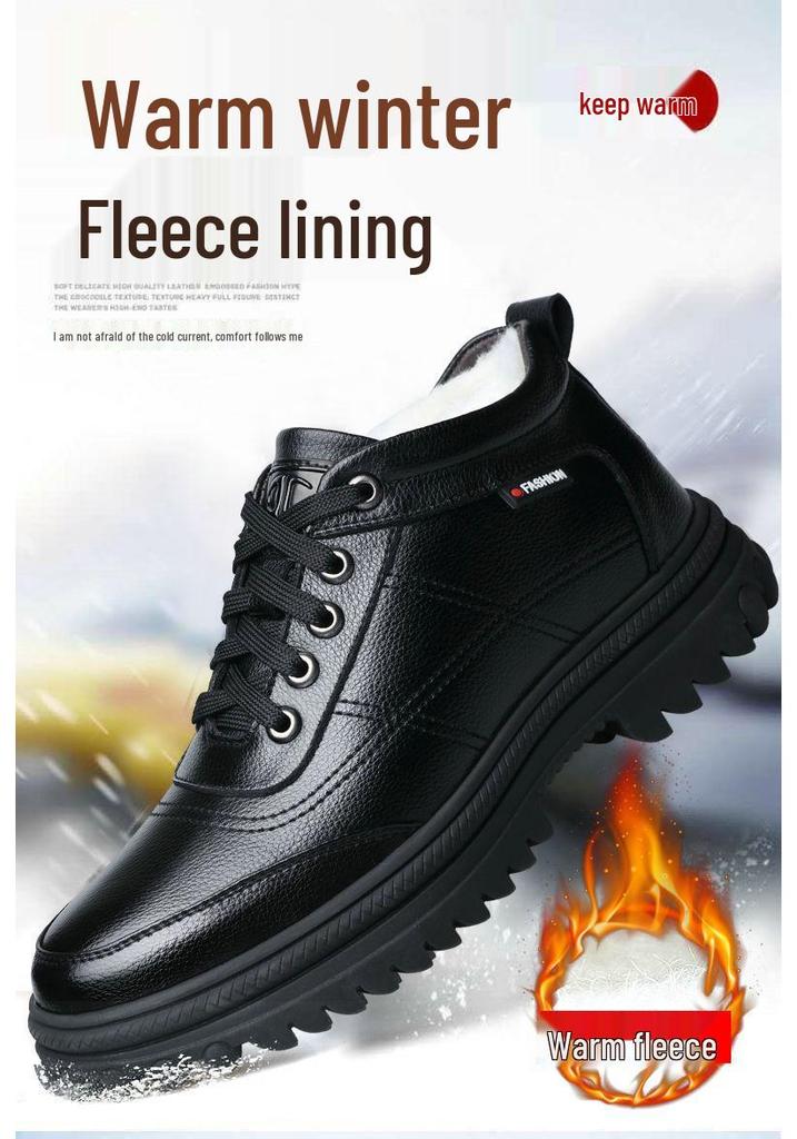 Men's High-Top Winter Leather Cotton Shoes - Thick, Warm, Casual Style