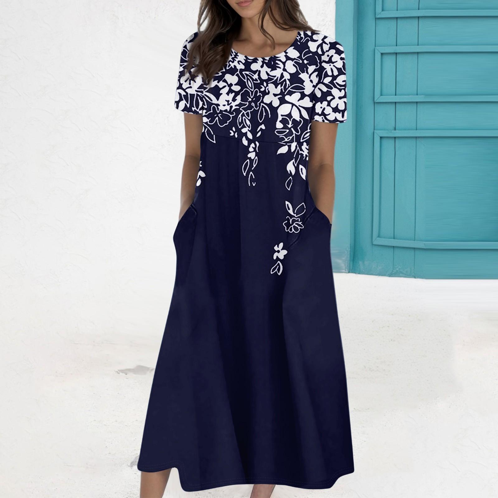 

Женское летнее повседневное модное платье с коротким рукавом и карманом с круглым вырезом XXL тёмно-синий