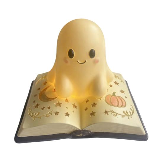 Soft Warm Yellow Light Magic Book Ghost Night Light, Resin Tabletop Glow Lamp with Moon Safe Bedside for Kids Star Relief, Cute Sleeping Bedroom,