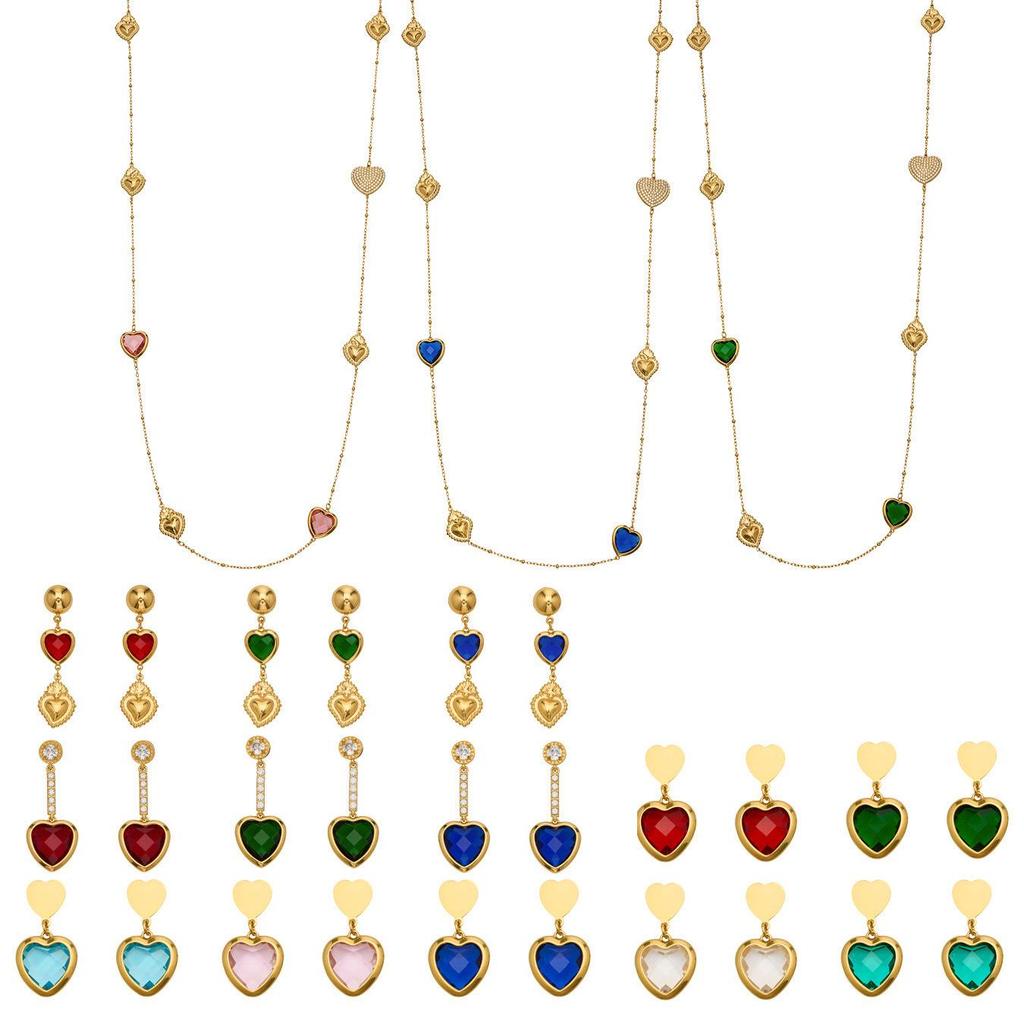 Colorful Heart Glass Stone Tassel Earrings & 18K Gold Plated Stainless Steel Necklace