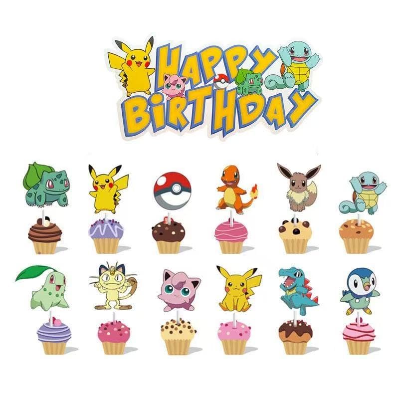 Classic Pokémon Theme Party Decoration Set - Includes 18 themed balloons featuring popular characters + 13 cake toppers 1 decorative flat ribbon.