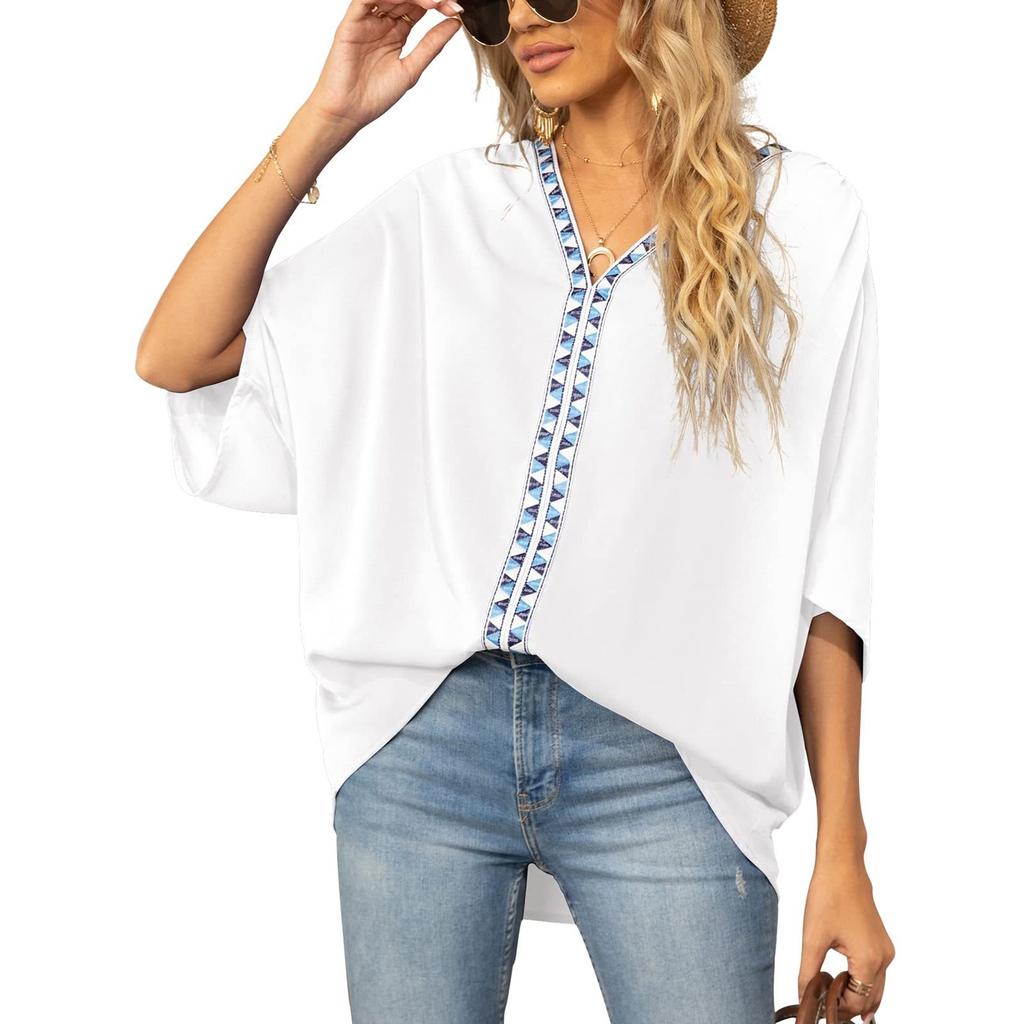 Summer New Women's Clothing Bat Sleeve Shirt V-neck Short Sleeved Shirt