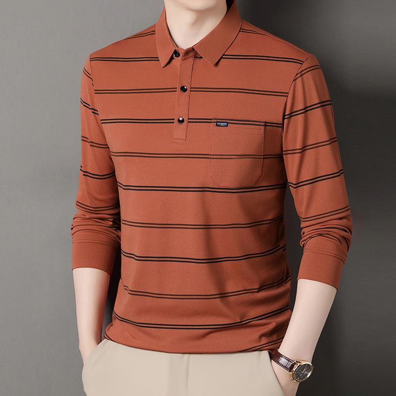 Spring And Autumn High-End Business Casual Polo Shirt For Middle-Aged Men Turn-Down Collar Long Sleeve Striped Versatile T-Shirt For Men