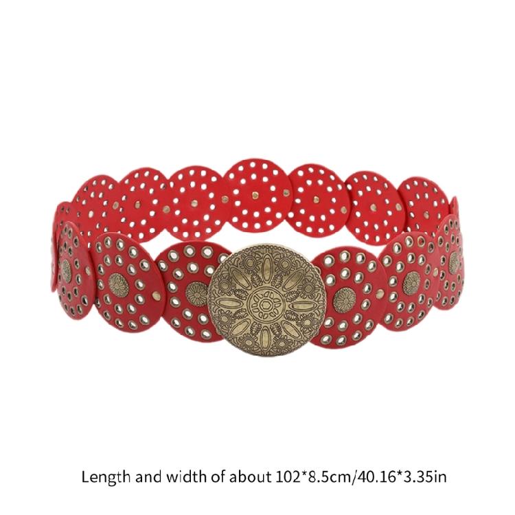 Engraved Buckle Round Disc Belt for Women Goth Waist Belt 2000s Hollowout PU Belt for Teens Girl Western Cowboy Waistband