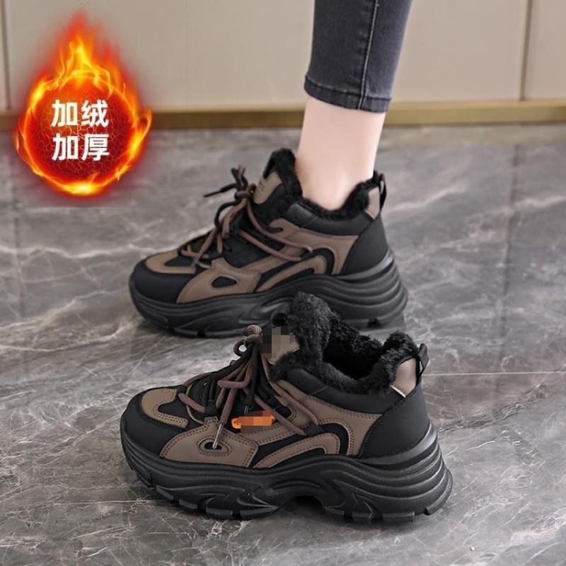 Fleece warm leather cotton shoes women's shoes winter non-slip snow boots thick-soled heightening sports shoes