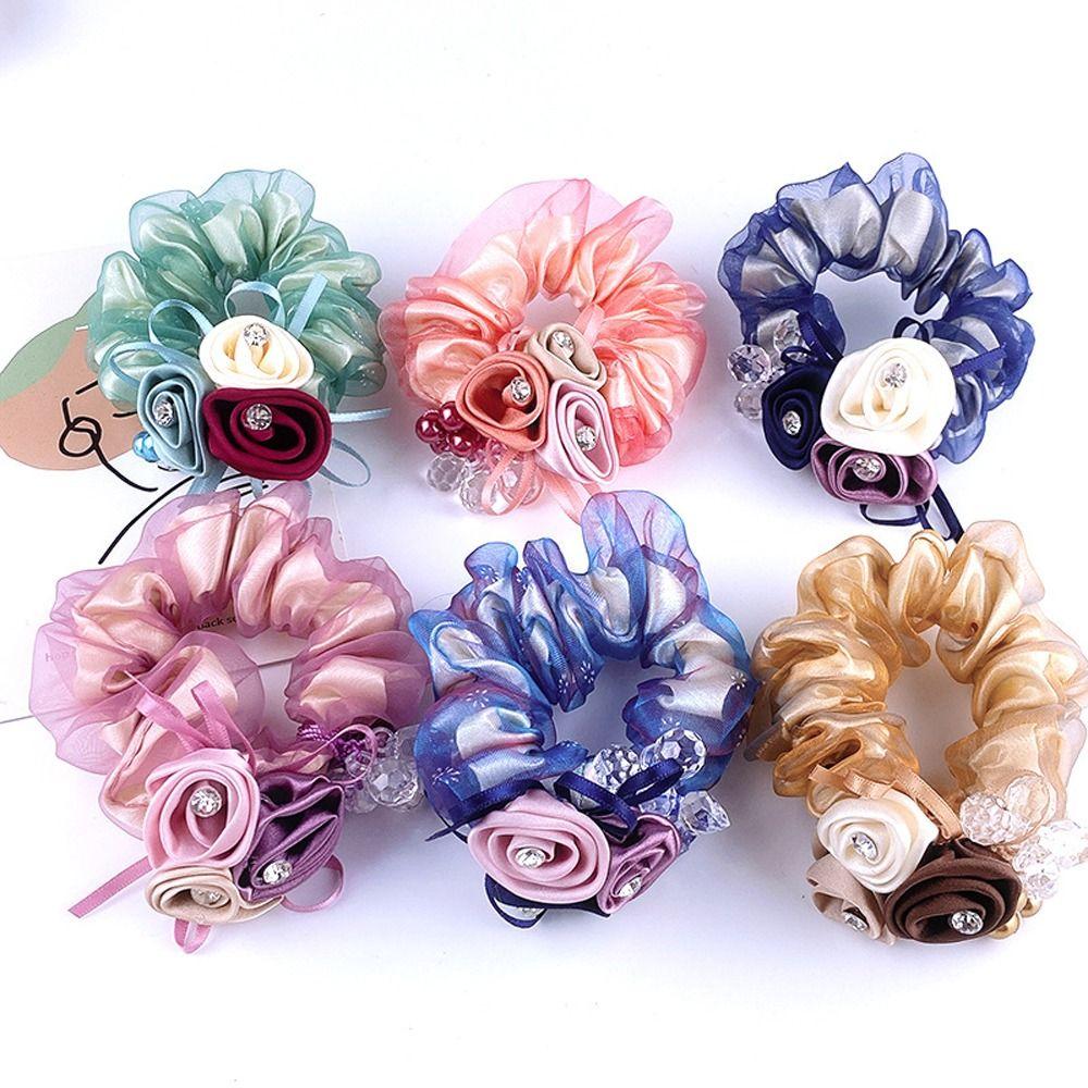 

Hair Rope Ponytail Holder Hair Rubber Bands Women Hair Ties Double Layer Flower Mesh Scrunchies вина червоного кольору