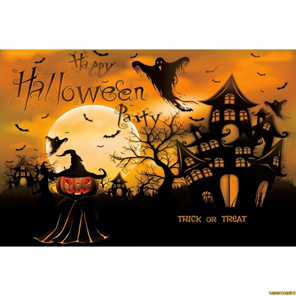 1pc Orenge Halloween Party Backdrop with Gothic Moon Castle Pumpkin Witch Reusable Banner for Halloween Themed Party Decoration