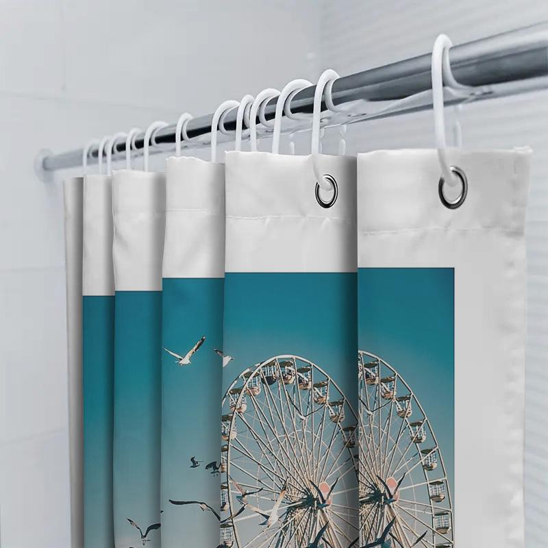 Bathroom Curtain Ferris Wheel Beach Sunset Ocean View Shower Curtain Set Coastal Home Decor Modern Waterproof Fabric