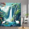 1Pc Serene Mountain Waterfall Shower Curtain - Tranquil Nature Landscape With White Cranes, Autumn Trees & Snow Peaks