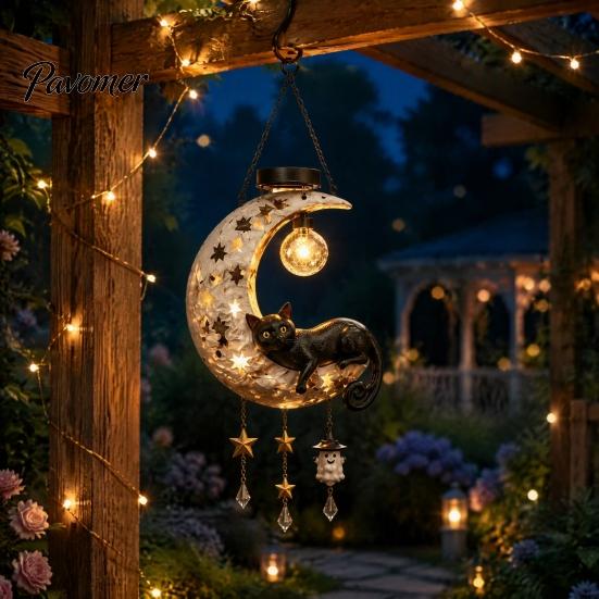 Decorative Solar Lights for Balcony Owl/Cat Moon Hanging Light, Outdoor Garden Wind Chime with LED Powered Fairy Tale Waterproof Resin Lamp,