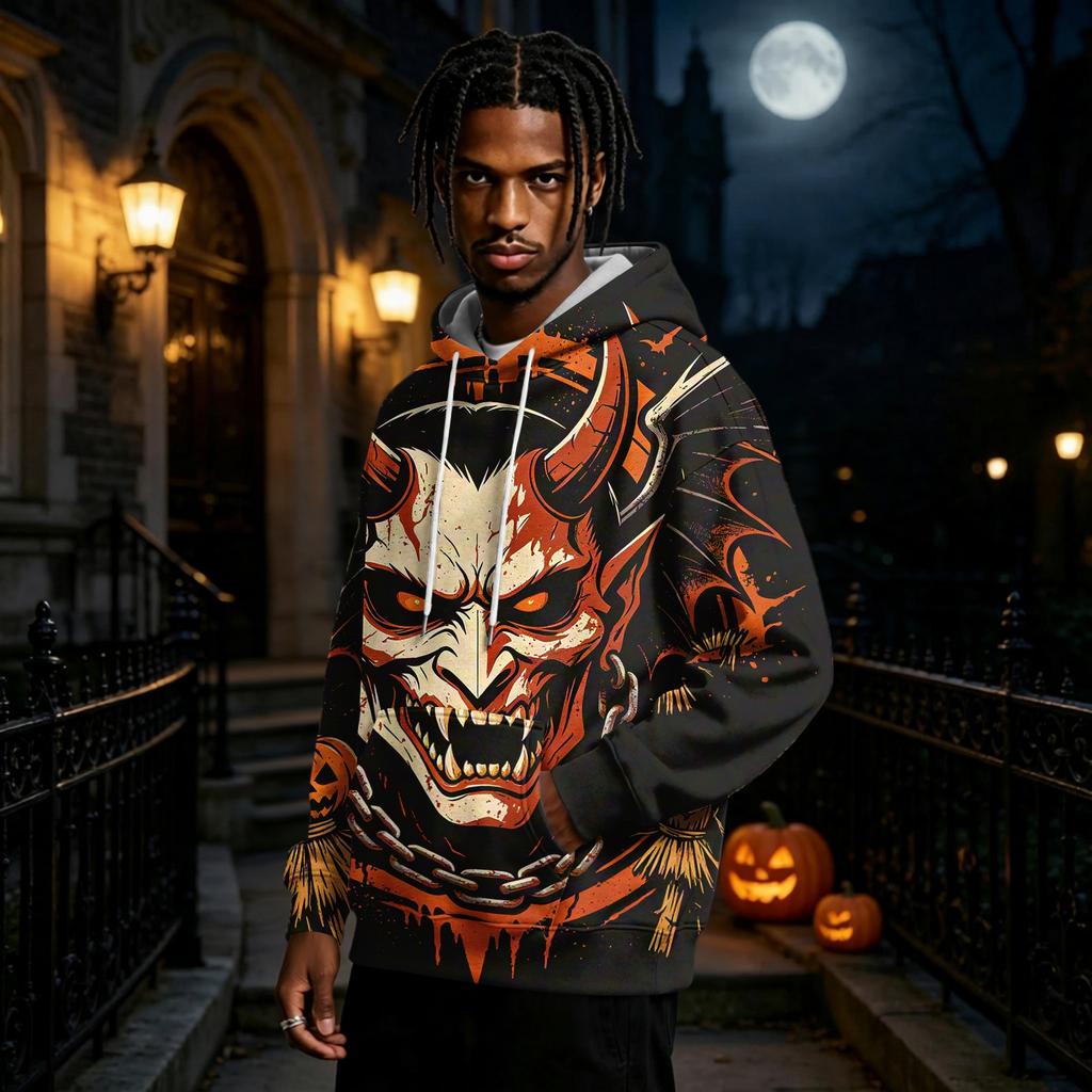 Men's Halloween Printed Long Sleeve Pullover Hoodie