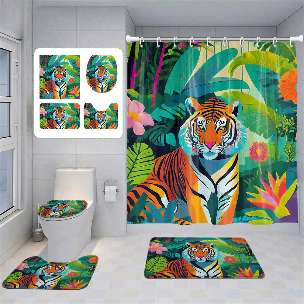Animal Theme Printed Shower Curtain Suit Polyester Moisture-Proof Bathroom Curtain Bathroom Accessories Non-Slip Floor Mat