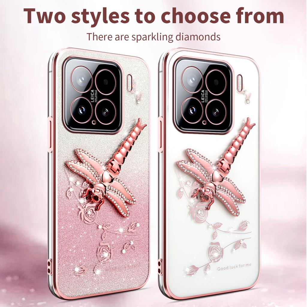 KADEM For Xiaomi 15 Case Dragonfly Kickstand TPU Flowers Glitter Phone Cover