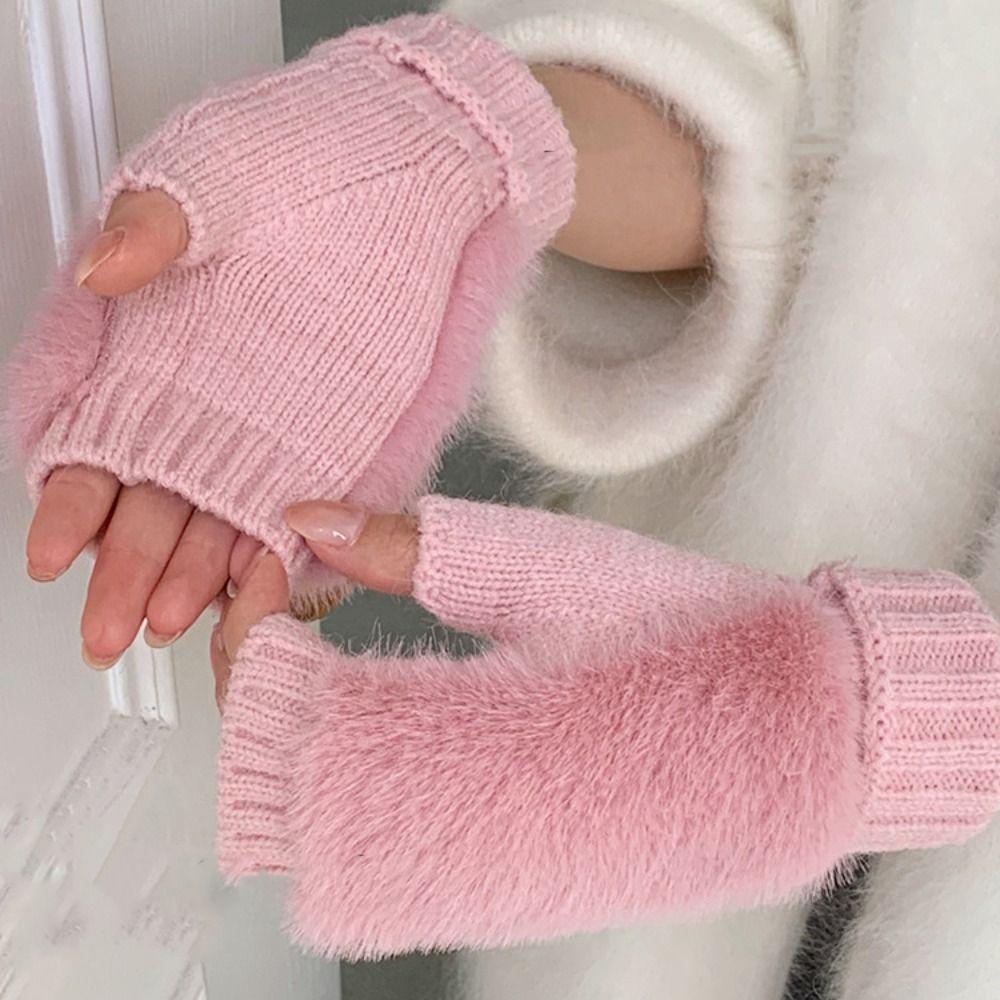 Soft Half-Finger Gloves Windproof Plush Gloves Fashionable Knitted Gloves  Winter