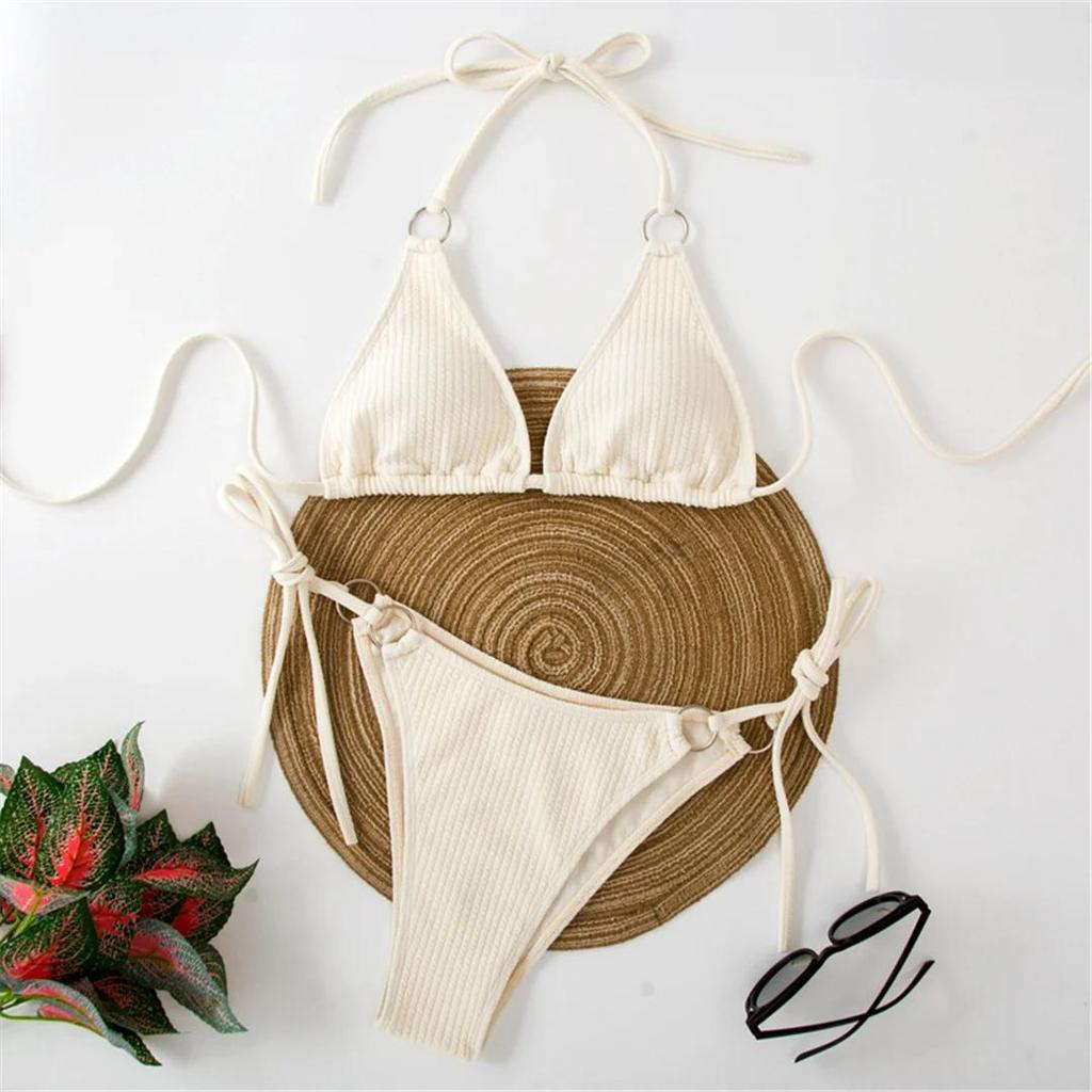8 Colors Sexy Halter Strappy Ribbed Bikini Women Swimwear Female Swimsuit Two-pieces Bikini set Bather Bathing Suit Swim