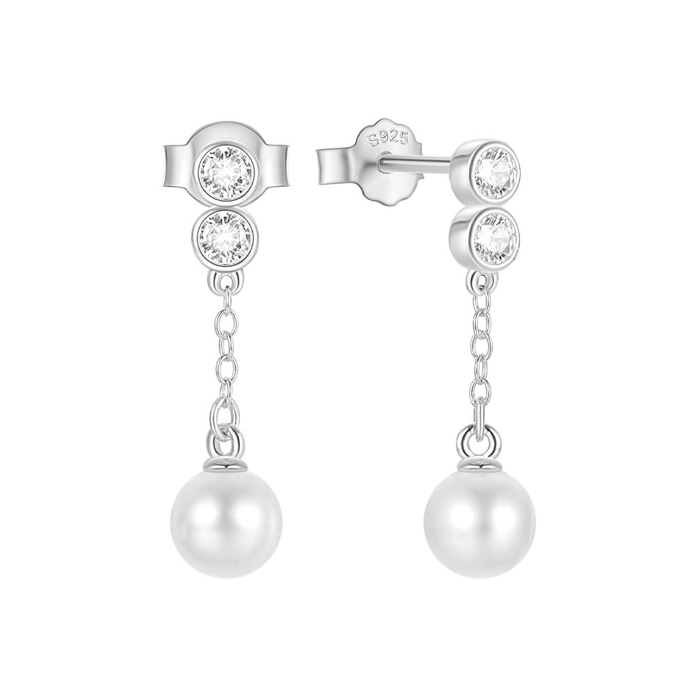 Fashion 925 Sterling Silver Small Zircon Tassel Chain Dangling Pearls Gold Plated Stud Earring Jewelry for Women