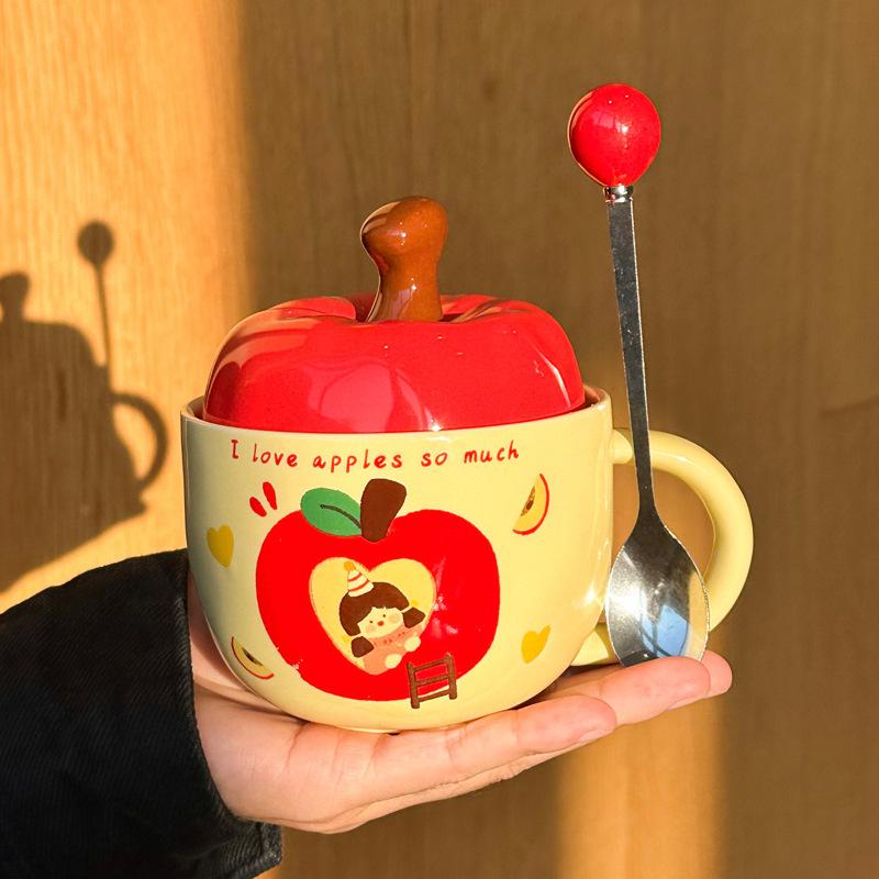 Apple Water Cup Cute Ceramic Cup Mug with Lid Spoon New Year's Birthday Gift for Girls
