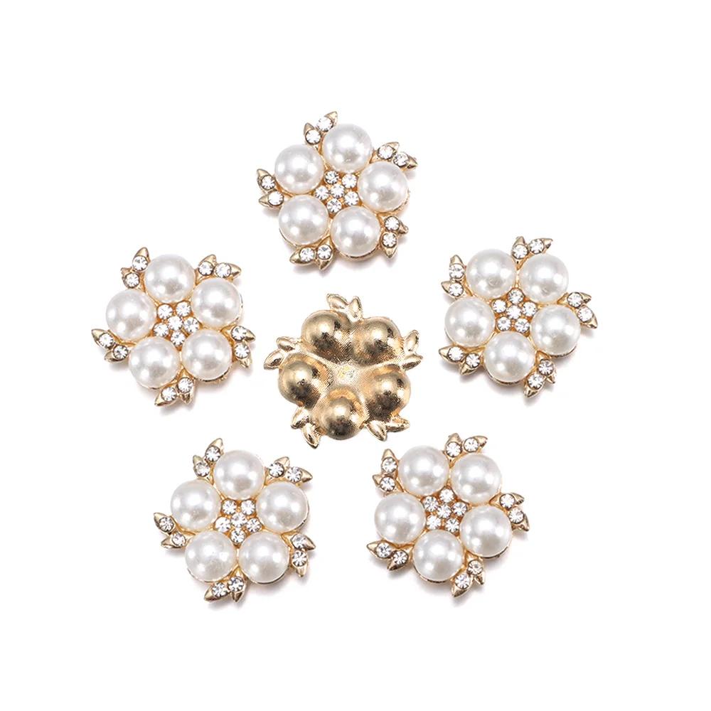 5PCS Pearl Flower Rhinestone Buttons Sparkling Crystal Hairpins Decoration Clothes Buttons DIY Crafts Apparel Sewing Accessories