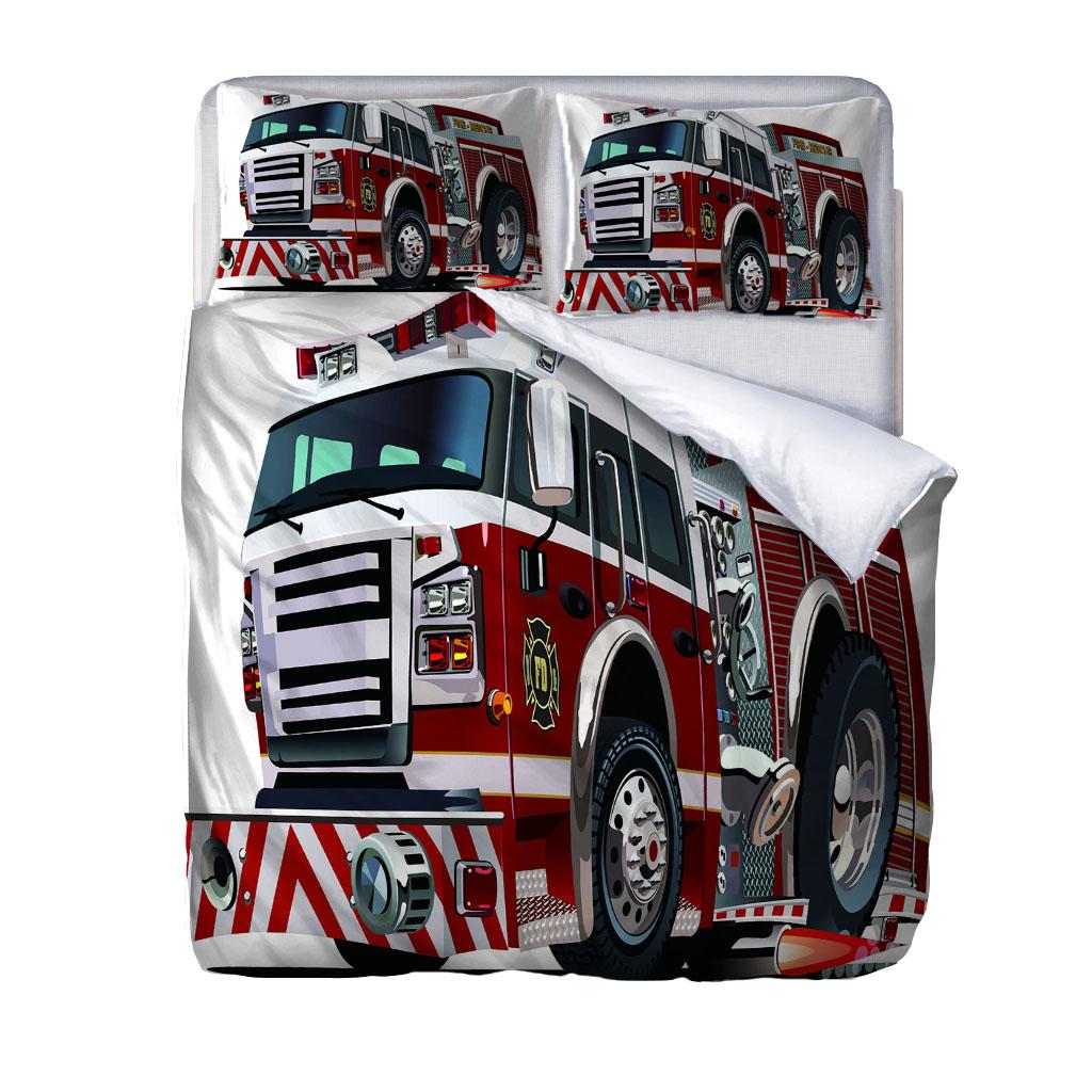 Kinderquilt 3D Feuerwehrmann Feuerwehrauto Druck Bettwäsche 3-teilig Mode Bettbezug Set für Schlafzimmer, Gästezimmer Weich Bequem