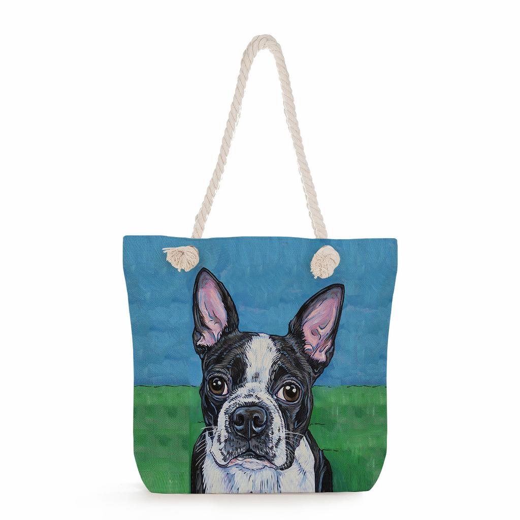Oil Painting of a Dog Print Thick Rope Single-shoulder Beach Bag 7214