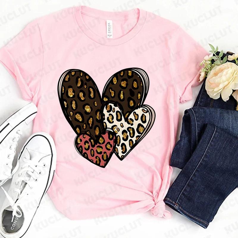 Fashion Unisex Tshirts Leopard Love Heart Print Tops Short Sleeve Clothing Ladies Harajuku Valentines Day Female Clothing
