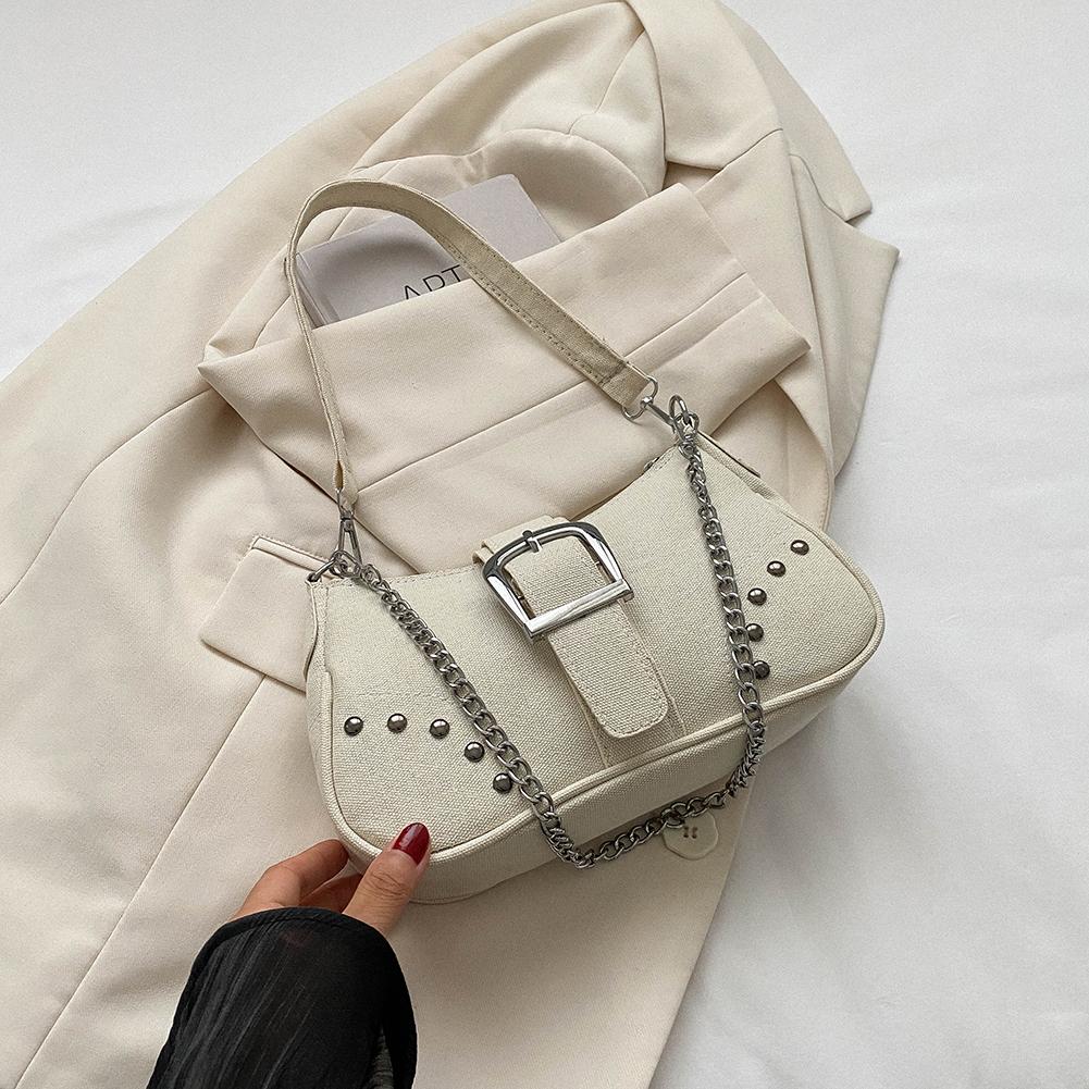 Women Fashion Underarm Bag Y2K Small Chain Bag Canvas Luxury Shoulder Bags Zipper Closure Versatile Dating Bag