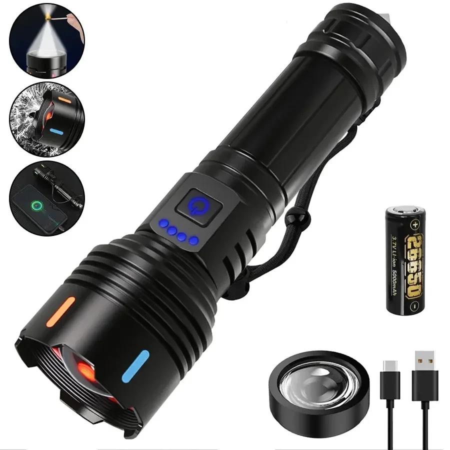 100000LM Ultra Bright LED Flashlight Rechargeable with Flame Ignition&Window Breaker Tactic Torch for Outdoor Camping Adventure