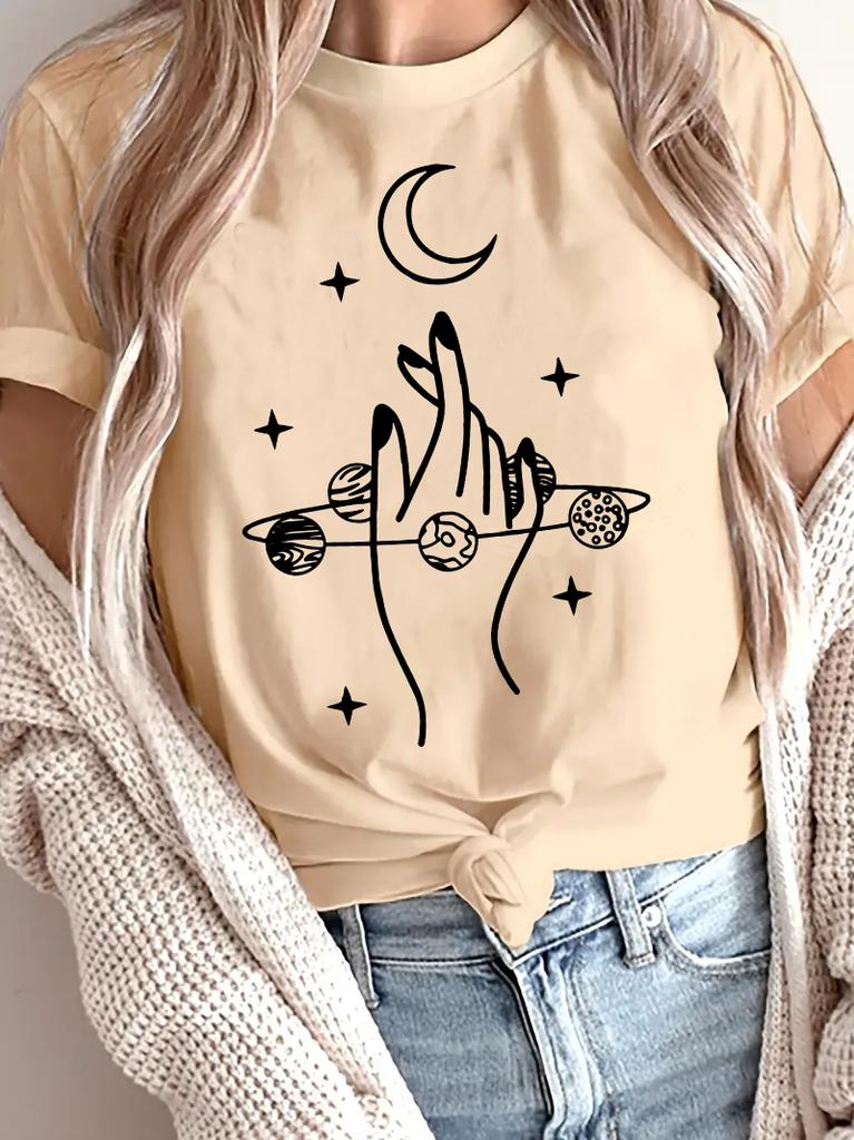 Vintage Moon  Hand Print Crew Neck TShirt Casual Short Sleeve TShirt for Spring Summer Womens Clothing