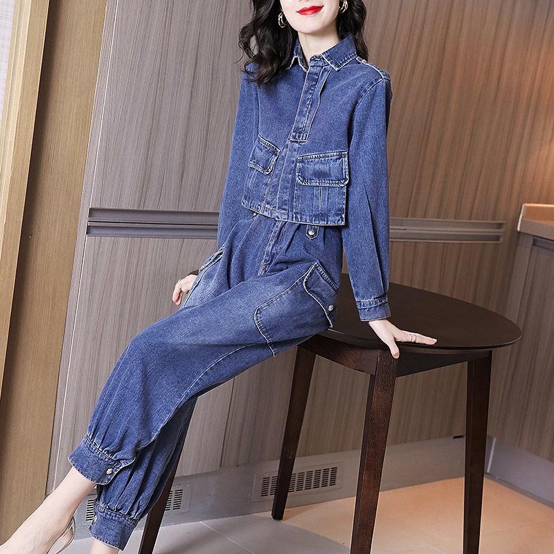 

2025 Европейский Весенний Джинсовый Топ с Высокой Посадкой и Брюки-Гаремы Комплект для Женщин 2XL синий