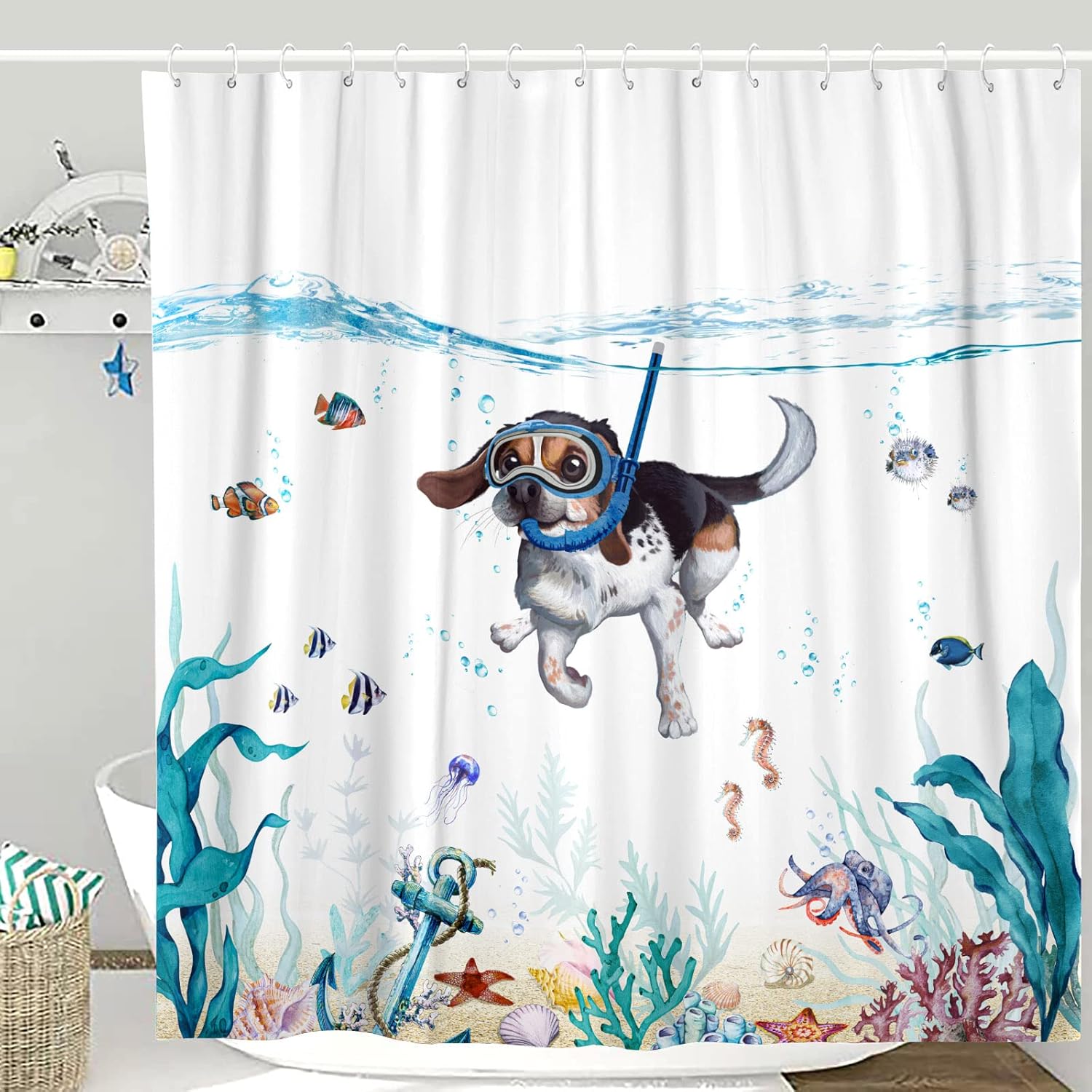 

Dog Shower Curtain Sea Ocean Waterproof Fabric Shower Curtains for Bathroom with Animal Octopus Starfish shower curtain 120x180CM