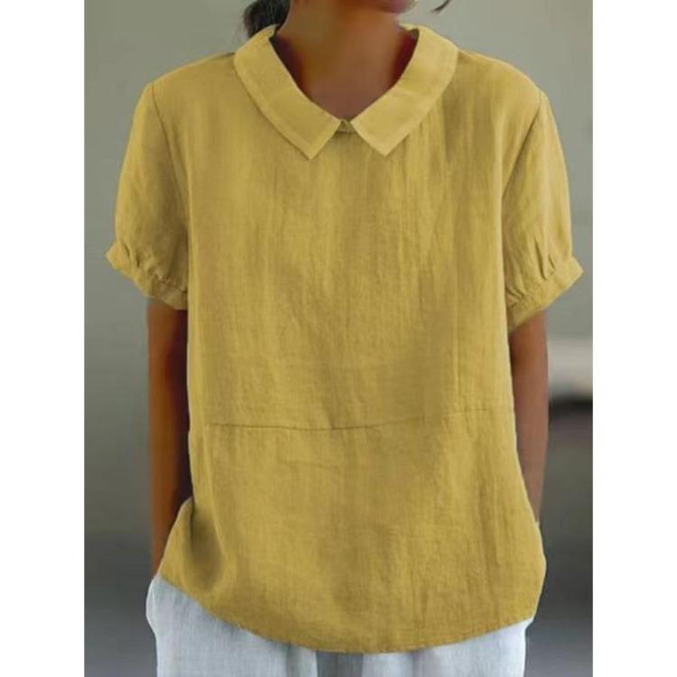 Summer Casual Blouse Peter Pan Collar Cotton Loose Ladies Shirt Short Sleeve Solid Color Breathable Womens Tops