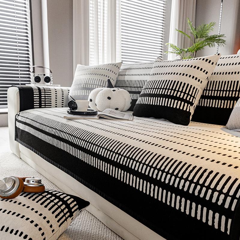 Retro Chenille Sofa Mat Four Season Universal Non-Slip Sofa Cover Combination Stripes Sofa Cushion Straight Armrest Couch Cover