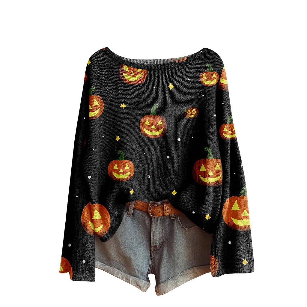 Women's Halloween Sweater, Bohemian Vintage Pattern Print Long Sleeve Knit Pullover