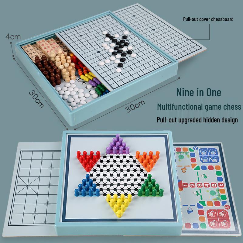 

Multifunctional Wooden Board Game Set: Checkers, Ludo, Gomoku, Animal Chess for Kids