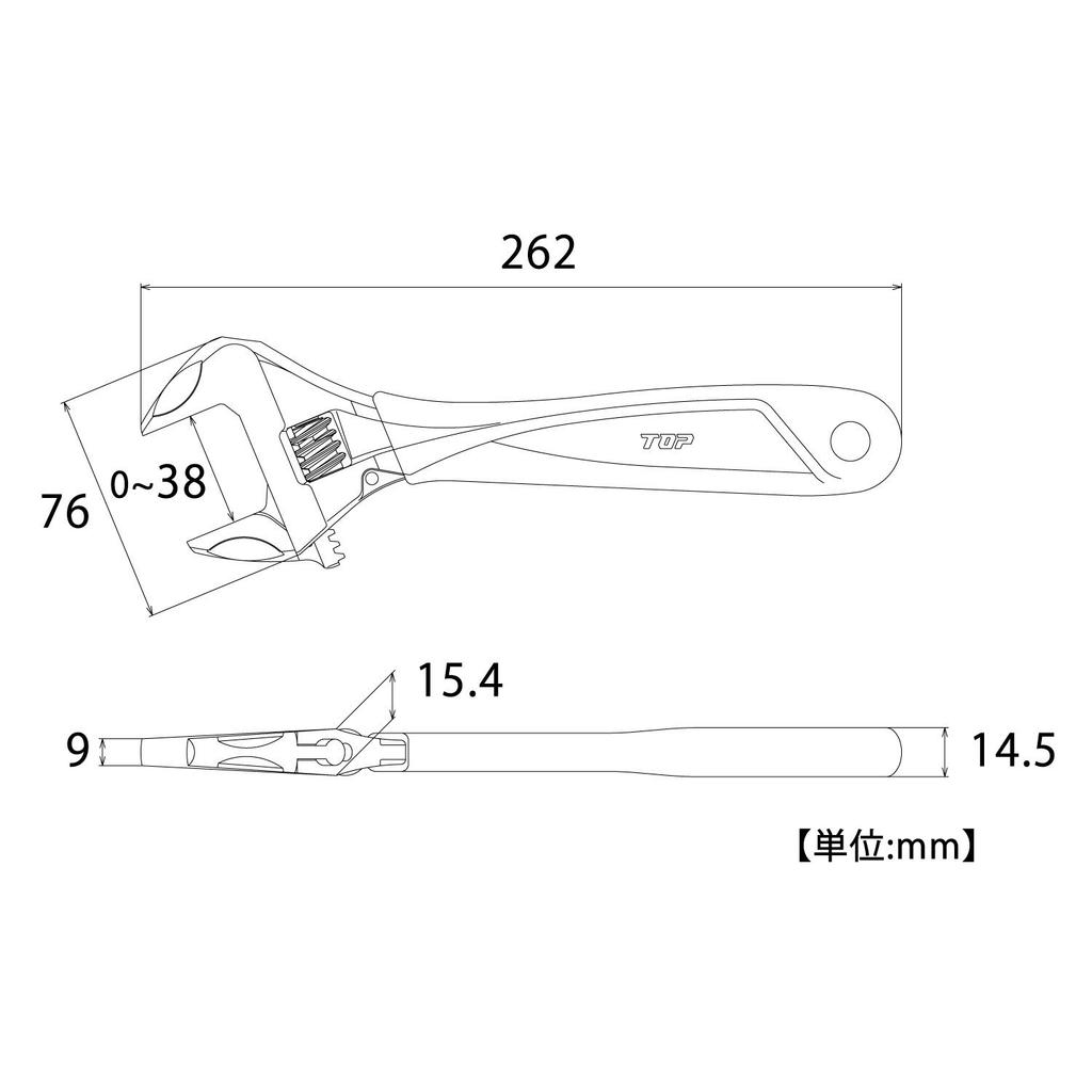 TOP Adjustable Work Opening Black Made In Japan Zero-Back Wrench, Wide, 0-38mm, Grip, HM-38MGBK, Tsubame-Sanjo,