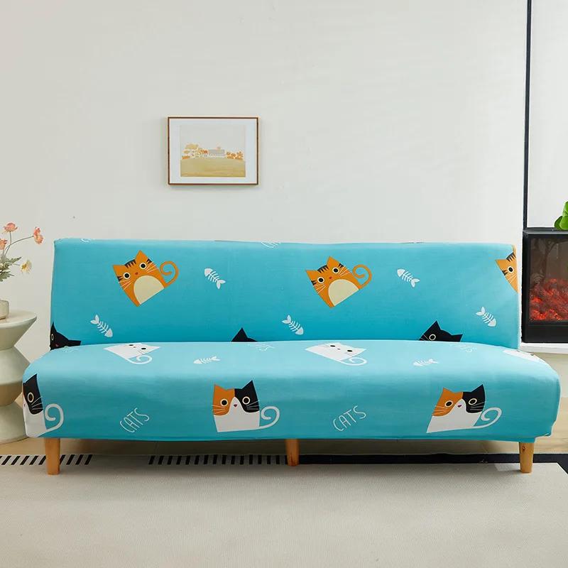 2-seater Print Stretch Folding Sofa Bed Cover Armless Futon Slipcovers with Elastic Bottom Printed Fitted Couch Cover 150-190cm