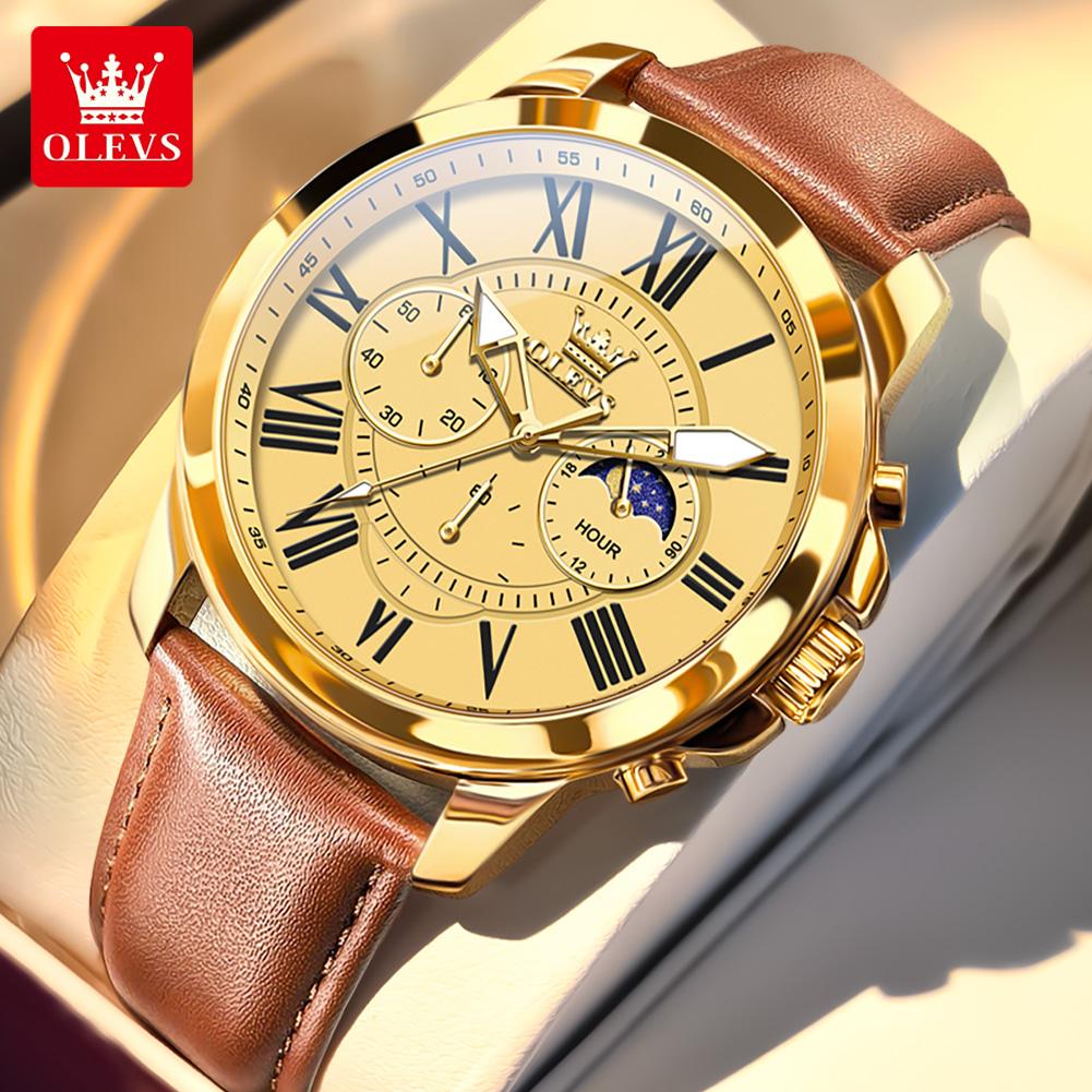 Men's Sports Timing Waterproof Luminous Moon Phase Quartz Watch Three Eye Dial Holiday Gift Business Watch