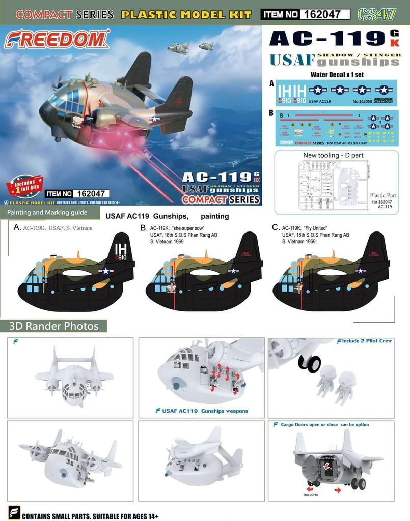 Freedom Model Kit Compact Series Gunship Vietnam Plastic Model Kit FRE162047 AC-119G/K Shadow/Steinger (Airplane)