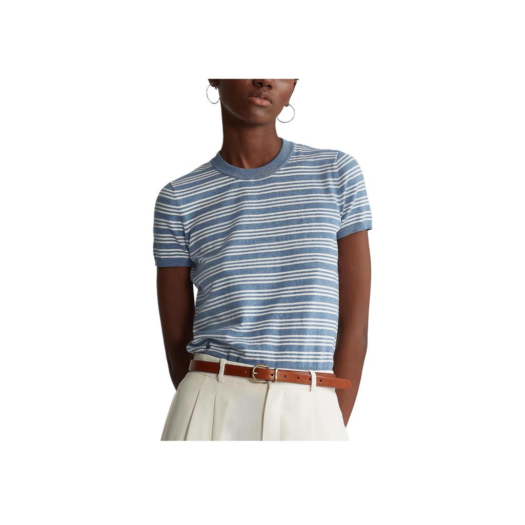 Polo Ralph Lauren Gestreiftes Strick T-Shirt mit Rundhalsausschnitt und kurzen Ärmeln Damen Oberteile Blau 211801541-001