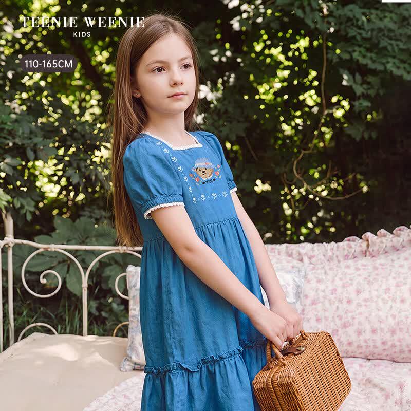 Teenie Weenie Kids Girls' Square Neck Puff Sleeve Denim Dress