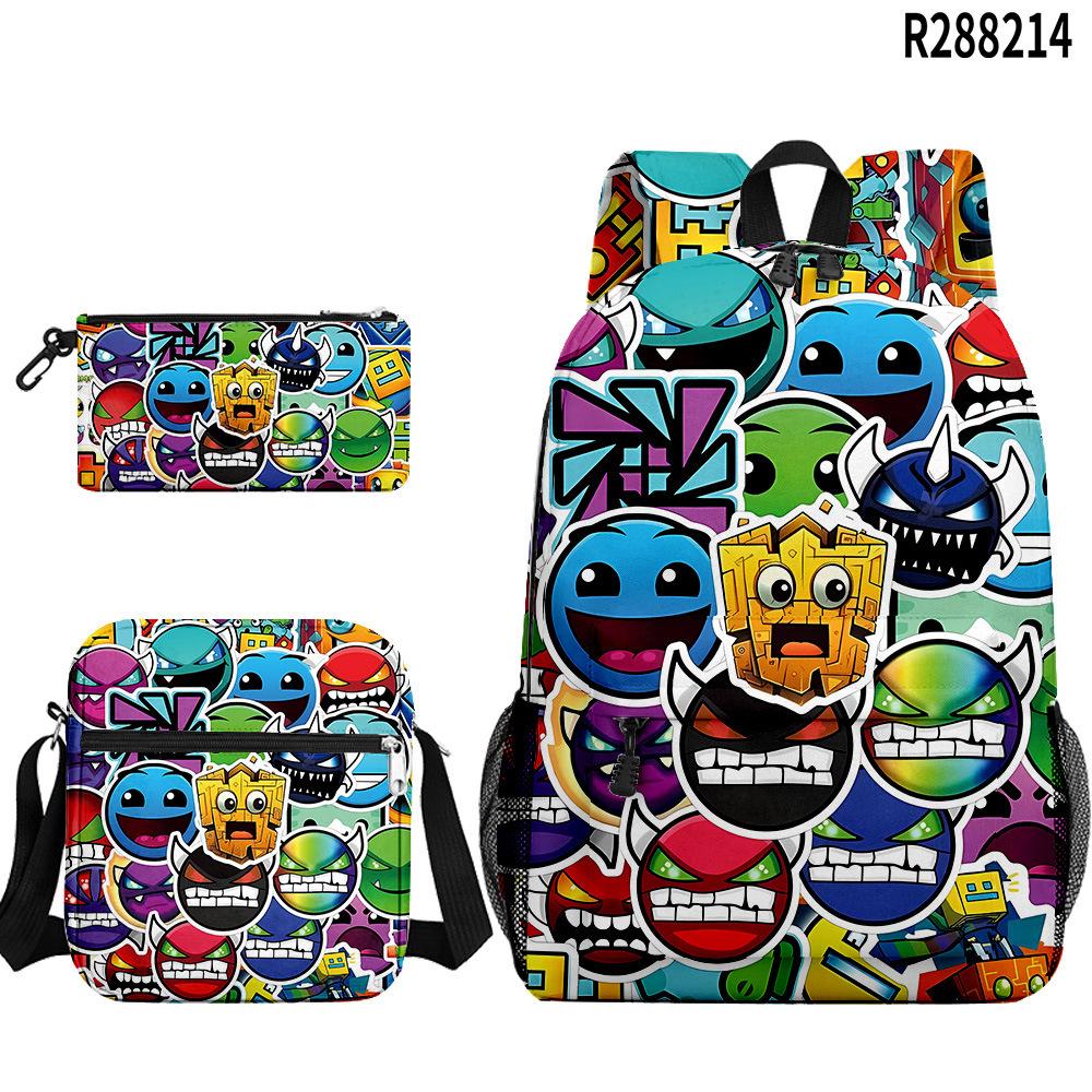 Popular Cool Geometry Dash 3D Printed 3pcs/Set Pupil School Bags Laptop Daypack Backpack Inclined Shoulder Bag Pencil Case