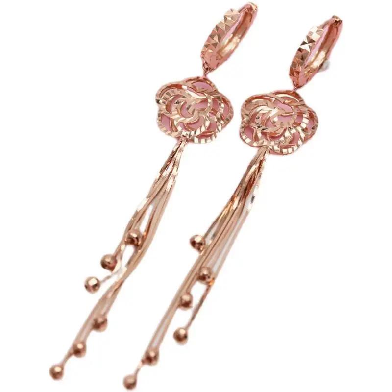 Nouveaux Boucles d'oreilles Mode Fleur Rose Classique Exquise Gland Chaîne Douce Boucles d'oreilles à Perles pour Femmes Cuivre Plaqué Or Rose Zircon