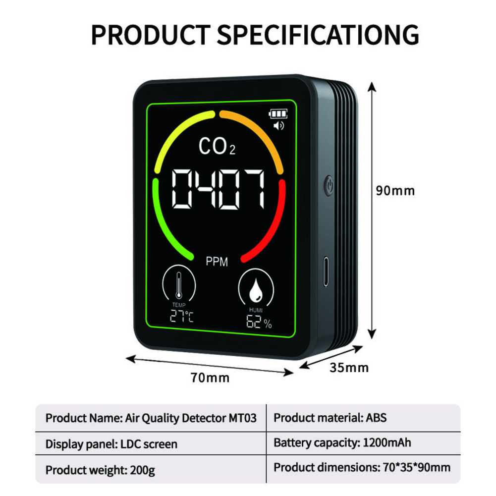3-In-1 Air Quality Monitor CO2 Temperature Humidity Detector Co2 Tester LCD Display Household Gas Analyzer With Mount