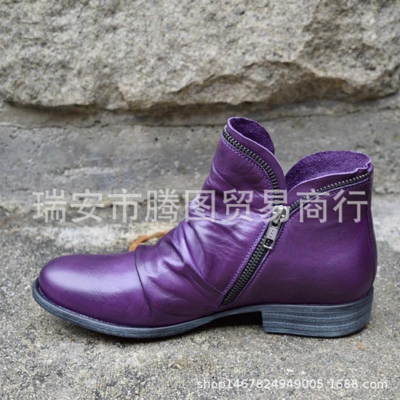 Round Head Women's Leather Boots Side Zipper Martin Boots, Autumn Coarse Heel Horseshoe Heel Women's Shoes