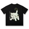 Anime Chainsmoker Cat Yani Neko Q Version Graphic T‑shirt Unisex Washed Cotton Short Sleeve Streetwear Student Summer Casual Top Unisex