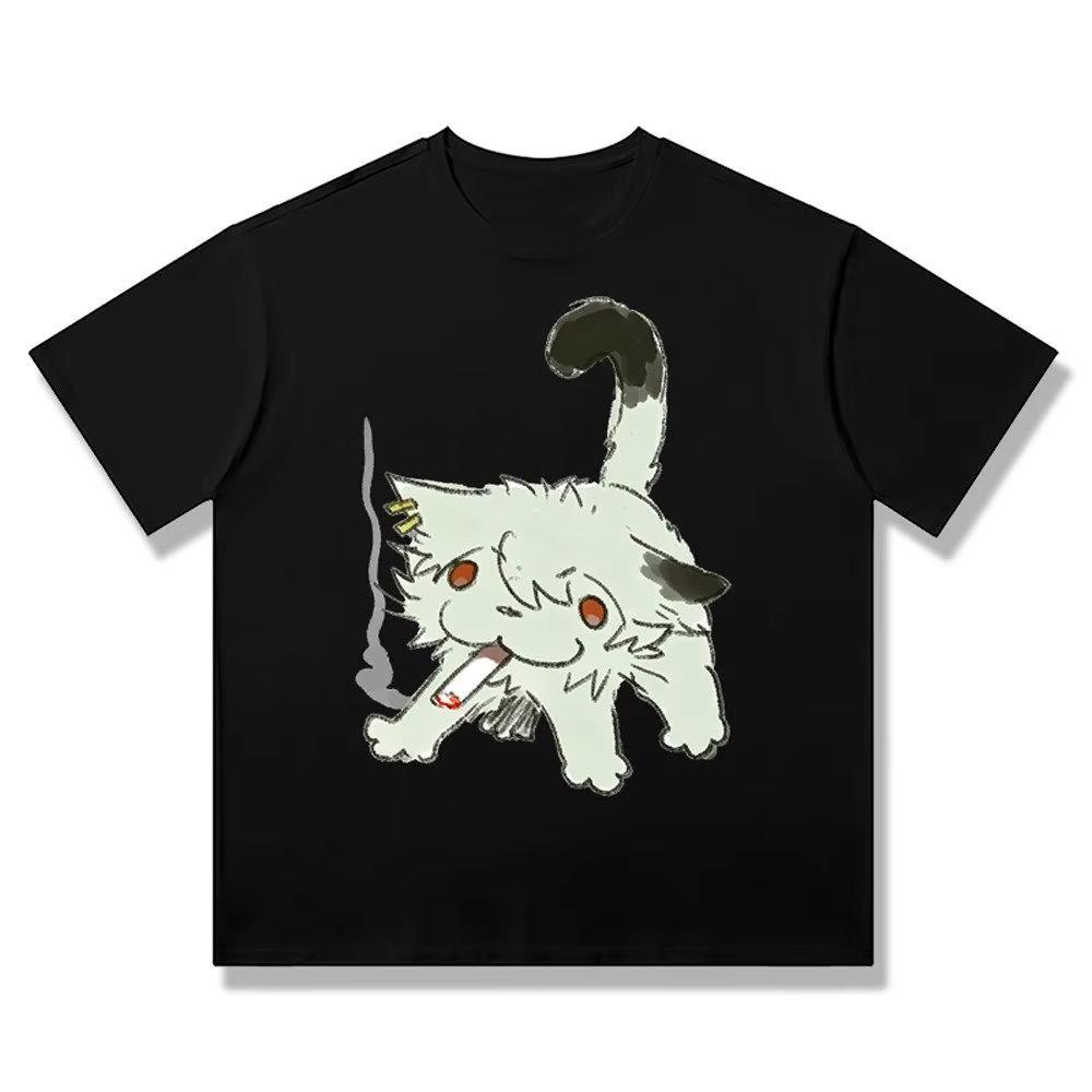 Men's Cotton T-shirt Summer Casual Graphic Tee Short Sleeve Anime Chainsmoker Cat Yani Neko Q Version Graphic T‑shirt Unisex Washed Co Unisex,gift,Top
