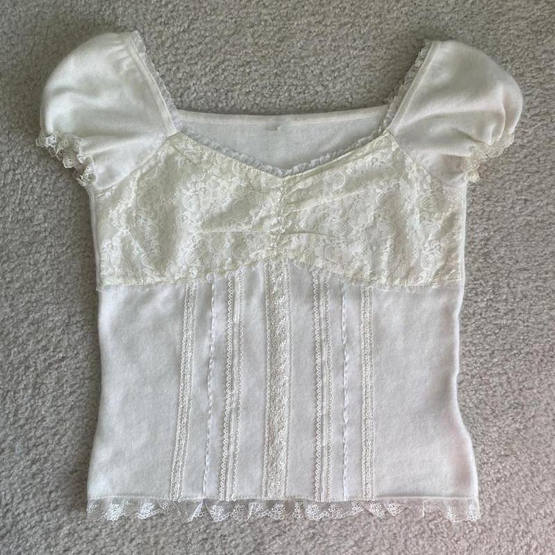 Lace Frill Crop Top Cream Color Vintage Square Collar Puff Sleeve T-shirt Y2K Aesthetic Grunge Women Sweet Tees