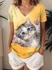 Summer Women's T Shirt Graphic Animal Cat Cute Stylish Casual Short Sleeve V Neck Regular Tops Daily 3D Printed Y2K Tees