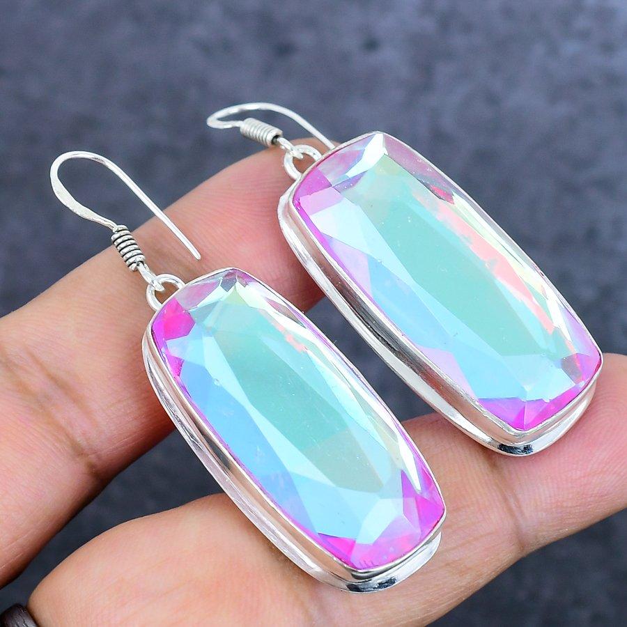 Pink Mystic Topaz Gemstone Handmade 925 Sterling Silver Earring 2.21" t7D39